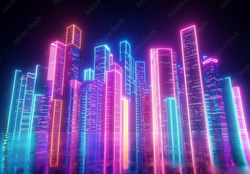 A cityscape at night with a futuristic glow of neon lights in the distance, featuring surreal skyscrapers and a cyberpunk atmosphere within a metaverse world, created using 3D rendering techniques, A cityscape at night with a futuristic glow of neon lights in the distance, featuring surreal skyscrapers and a cyberpunk atmosphere within a metaverse world, created using 3D rendering techniques,