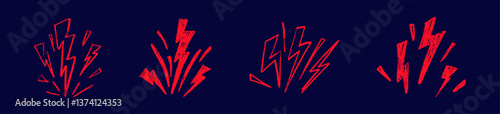 Red Lightning bolt retro collection. Hand-drawn thunder flash electric icons set. Flat vector illustration isolated