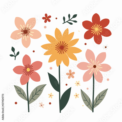 Flower set. Spring colorful flowers collection. Daisy chamomile, daffodil, sun flower, chrysanthemum gerbera. Growing concept. Fresh blooming elements. Flat design. Isolated White background. Vector