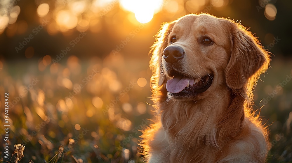 Golden Retriever at Sunset in Grassy Field Golden Retriever at Sunset in Grassy Field