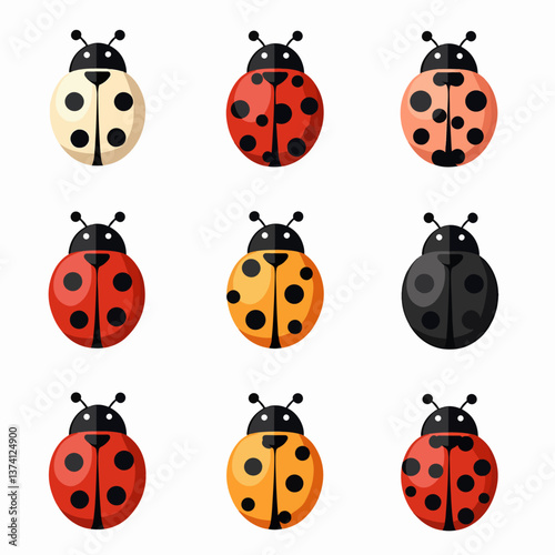 Ladybugs cute characters set. Ladybirds insects flying with open wings and big eyes. Vector isolated on white	