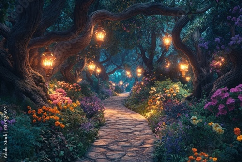 Magical forest at night trees lanterns mystical. photo
