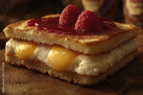 Belgian waffles with whipped cream strawberry topping and powdered sugar served on dark plate rustic warm styling evokes indulgent breakfast in cozy dessert setup food image
