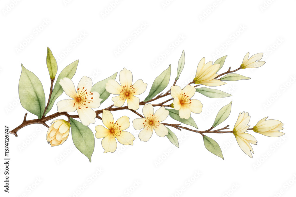Obraz premium Delicate flowering branch watercolor illustration isolated on transparent background. Ideal for wedding cards, spring greetings, floral designs, and serene backgrounds. Pastel tones.
