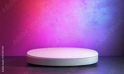 A 3D illustration features a minimalist white abstract background with neon lights emanating from lamps on the walls of a circular stage