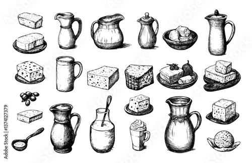 Milk dairy products engraved vector set. Jug butter yogurt cheese cottage, organic fresh protein nutrition farm production hand made rural food, monochrome retro ink sketch isolated vectors