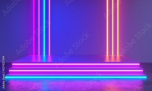 This 3D illustration showcases a white abstract background with a circular stage, whose walls are lined with lamps that give off neon light