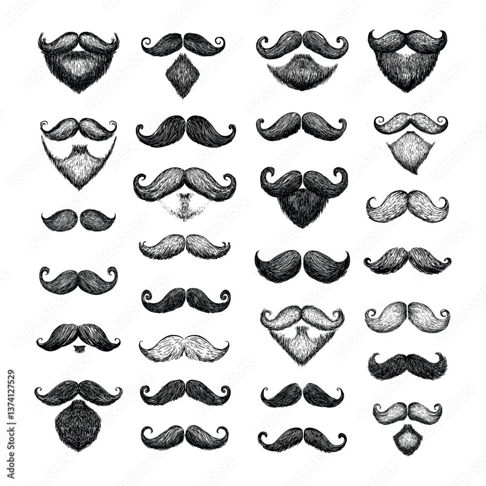 Mustache engraving vector set. Men gentlemen hipsters barbers beards facial hair curls, retro vintage shapes isolated vectors on white background Mustache engraving vector set. Men gentlemen hipsters barbers beards facial hair curls, retro vintage shapes isolated vectors on white background