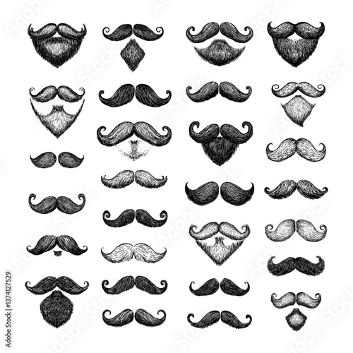Mustache engraving vector set. Men gentlemen hipsters barbers beards facial hair curls, retro vintage shapes isolated vectors on white background