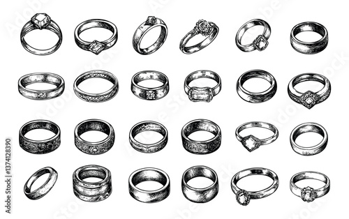 Rings jewelry engraving vector set. Finger wrist woman man accessories, silver gold bands rich wedding wearable well being gems diamonds symbols, hand drawn black ink sketch isolated vectors