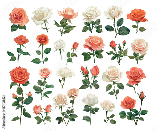 Roses branches and buds cartoon vector set. Flower red garden spikes pink decorative beige floral blossoms, elegant freshness botanical blooms love symbols, isolated illustrations on white