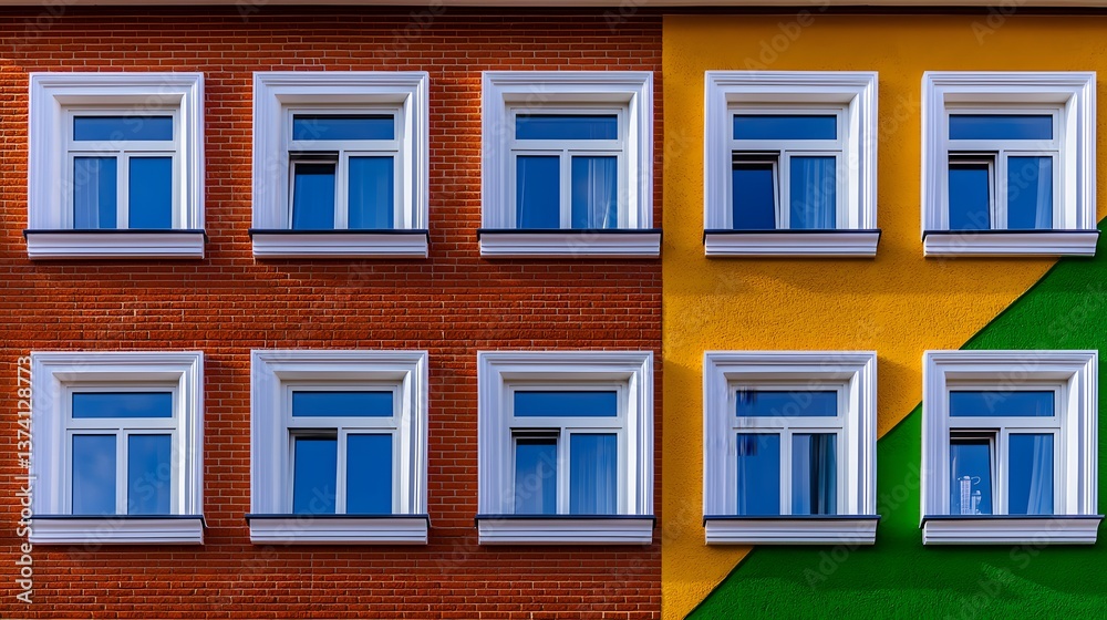 Fototapeta premium Colorful Urban Building Facade with Geometric Windows and Contrasting Yellow and Green Sections