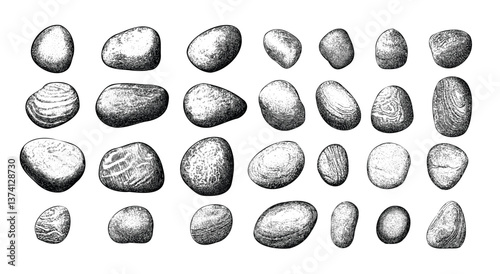 Stones rocks engraving vector set. Boulders granite pebble gravel stone piles, mineral heavy rubble nature cobblestones, retro hand drawn vintage black monochrome isolated illustrations
