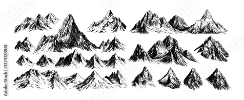 Top mountain peaks engraving vector set. Hiking steep stone cliffs, rock climbing descents old hand drawn black ink sketch style, isolated illustrations on white background