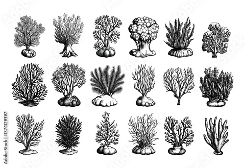 Underwater seaweed corals engraving vector set. Ocean sea plants tropical reef rocks stone algae polyps fauna flora marine animals, hand drawn isolated illustration on white background