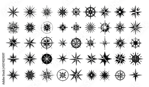 Wind rose ink sketch vector set. Travel wander adventure compass wanderlust vagabond route path direction circumnavigation sign world four sides icon, illustration isolated on white background