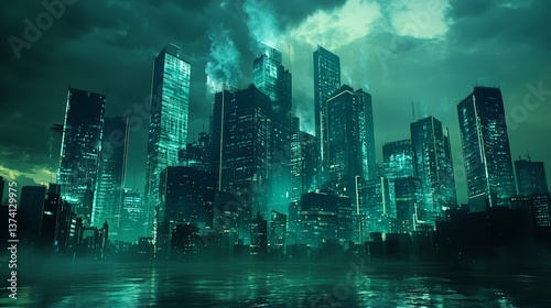A futuristic night city with digital buildings, urban streets, and a technological background is the subject of the illustration