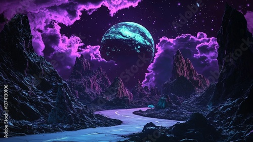 The scene is set with a nostalgic blend of 80s retro futuristic sci-fi and 90s elements, characterized by neon colors reminiscent of night and sunset, all within a cyberpunk vintage illustration