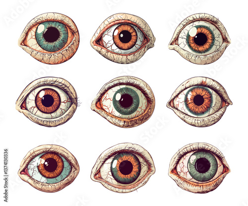 Zombie creepy eye with optic nerve cartoon vector set. View body part human scary look halloween horrible frightening orb, isolated illustration on white background