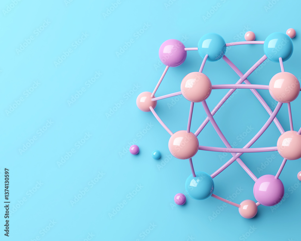 Obraz premium Colorful molecular structure on blue background, showcasing minimalist design with spheres and connections, evoking curiosity