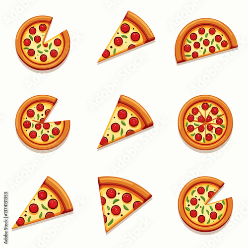 Pizza heart icons set. Collection of delicious pizzas with various toppings forming heart shapes, showcasing a passion for italian cuisine