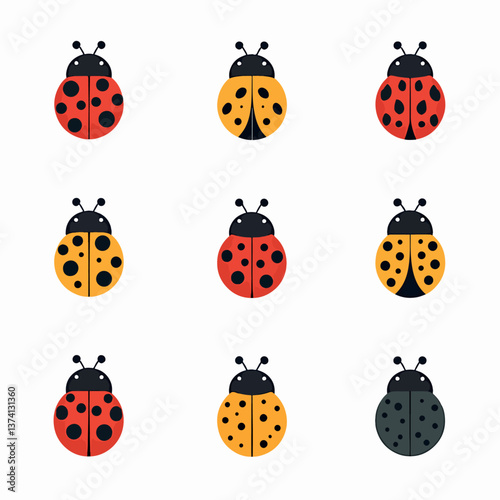 Ladybugs cute characters set. Ladybirds insects flying with open wings and big eyes. Vector isolated on white