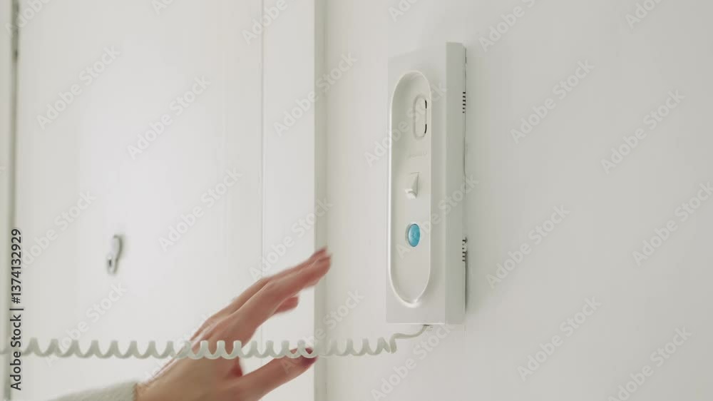 Answering a home intercom system in bright interior Answering a home intercom system in bright interior