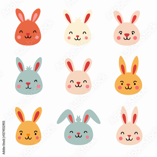 Set of bunny rabbit cartoons and foot prints icon set on pink background vector.