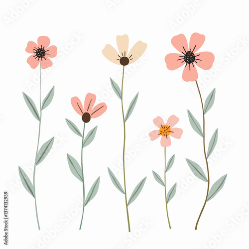 Flowers flat icons. Color vector illustration. Different flowers with green leaves vector illustration. Logo symbols for ui design and business promotion	