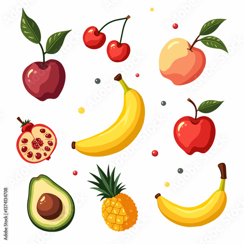 Fruit doodles. Natural fruits set. Pomegranate, lemon, peach, pineapple, pear, apple, banana, strawberry isolated background. Hand drawn, organic fruits. Modern colorful trendy vector illustration.