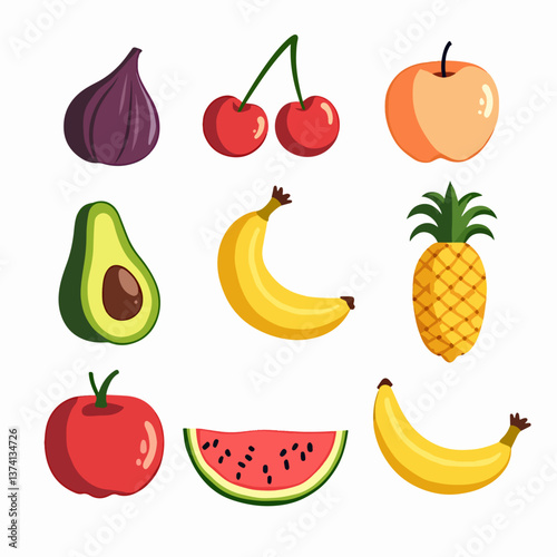 Fruit doodles. Natural fruits set. Pomegranate, lemon, peach, pineapple, pear, apple, banana, strawberry isolated background. Hand drawn, organic fruits. Modern colorful trendy vector illustration.