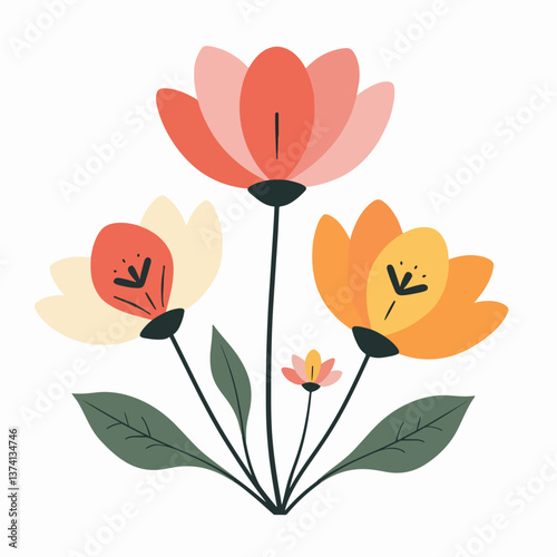 Flowers flat icons. Color vector illustration. Different flowers with green leaves vector illustration. Logo symbols for ui design and business promotion	