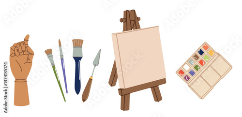 Various art tools, supplies, equipment. Mannequins hand, ink, brush kit, pencil, paint palette, oil tube paint. Hand drawn Vector illustration. Isolated elements