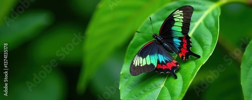 Vibrant Australian Richmond Birdwing Butterfly on a green leaf in a garden,  flutter,  native