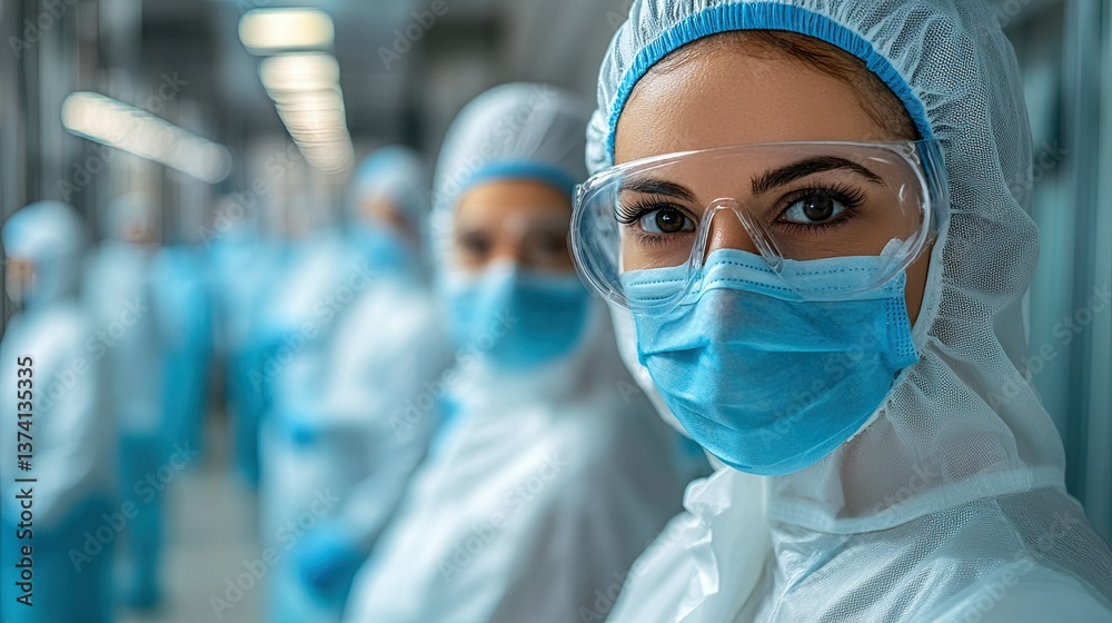 Workers in a cleanroom environment wearing protective gear. - Workers in a cleanroom environment wearing protective gear. -