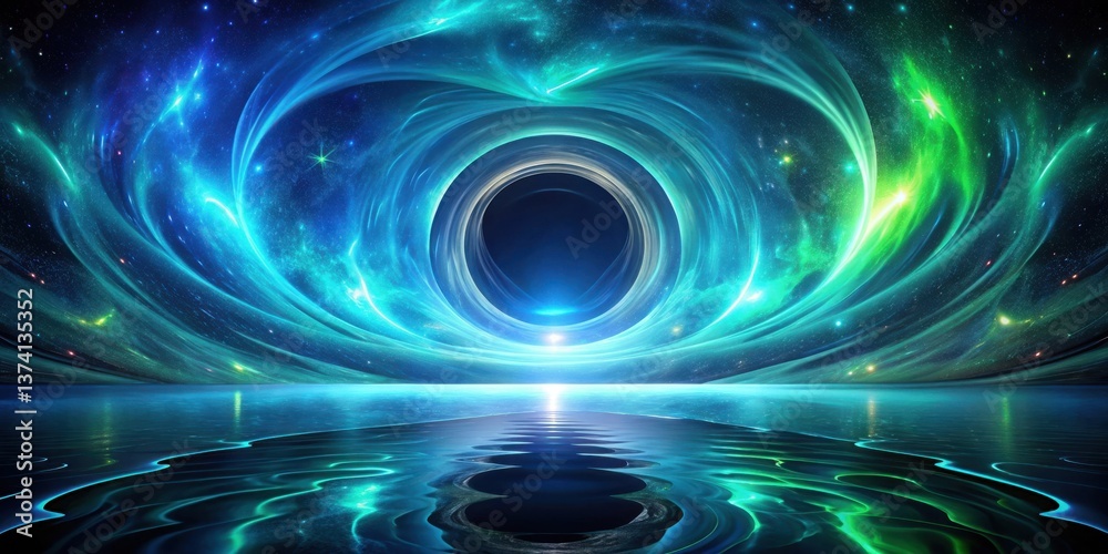 Obraz premium Celestial Vortex Over Tranquil Waters A Mystical Space Scene with Glowing Nebulae and Reflective Surface