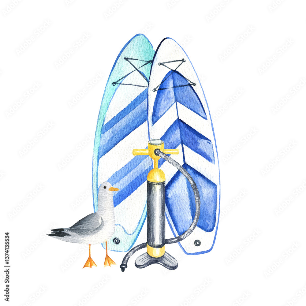 Fototapeta premium two watercolor inflatable paddleboards, blue and white colors, pump, seabird, hand drawn illustration of bright stand up paddle board, SUP and equipment, sketch of summer vacation on water, sea, ocean