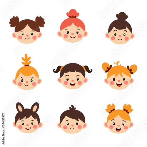 Collection avatars of children. Cute faces of different nationalities boys and girls. Vector illustration
