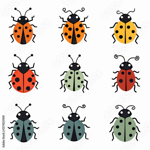 Ladybugs cute characters set. Ladybirds insects flying with open wings and big eyes. Vector isolated on white