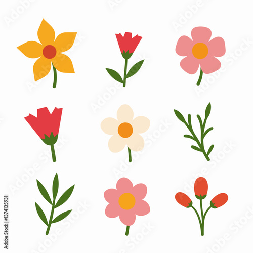 Flowers flat icons. Color vector illustration. Different flowers with green leaves vector illustration. Logo symbols for ui design and business promotion	