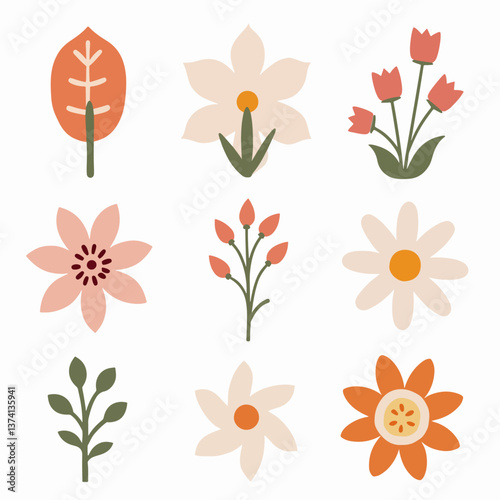 Flowers flat icons. Color vector illustration. Different flowers with green leaves vector illustration. Logo symbols for ui design and business promotion	