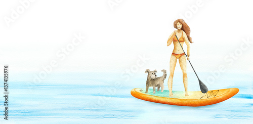 young girl and dog swims on SUP board watercolor isolated illustration. Standup paddle boarder floating in sea water on summer vacation. Modern sports outdoor activity clipart in simple sketch style