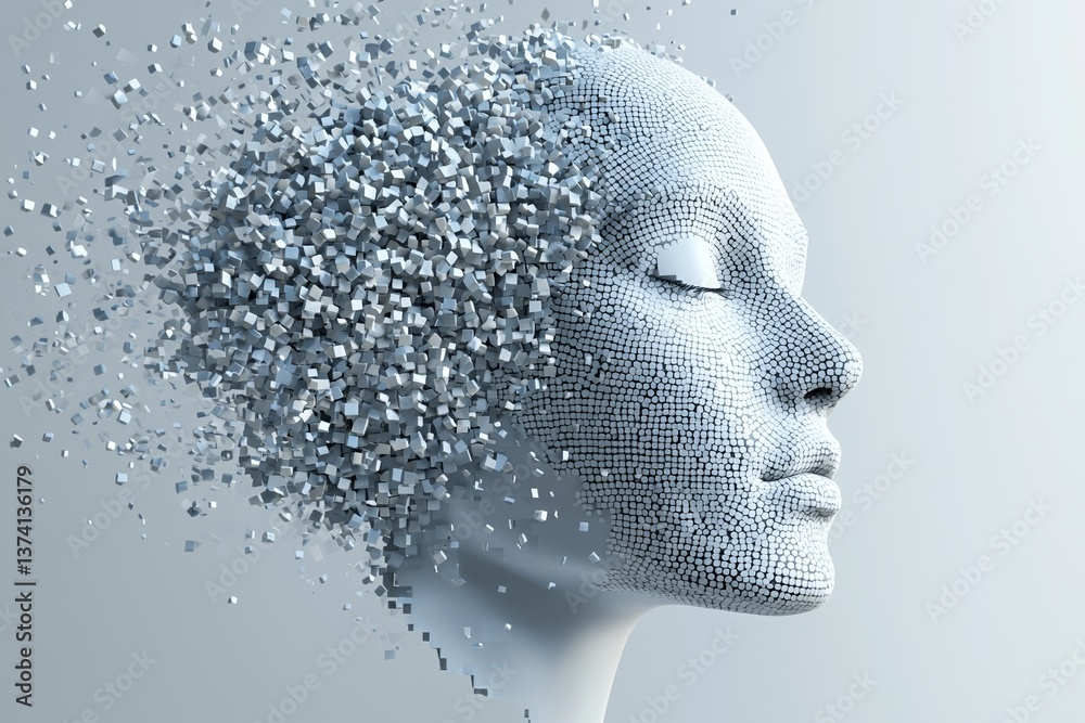 A 3D representation of a human head, constructed from blocks, is a prime example of futuristic digital art A 3D representation of a human head, constructed from blocks, is a prime example of futuristic digital art