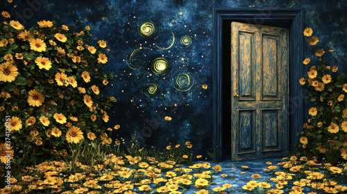 A slightly open minimalistic door revealing a dreamlike garden overflowing with yellow daisies and wildflowers, vibrant night sky filled with celestial swirls and abstract stars in the distance, the