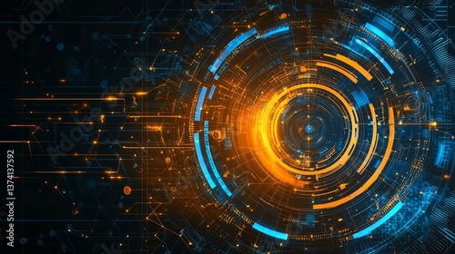 A futuristic and abstract background featuring a blue and yellow circle interface