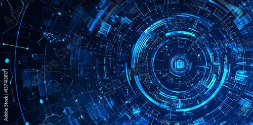 A futuristic electronic circuit technology background is depicted in a 2D abstract illustration