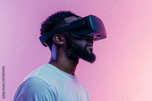 Man is wearing virtual reality glasses in a stock advertisement photo
