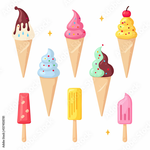  A delightful vector illustration set of various ice cream cones with toppings in a playful cartoon style.