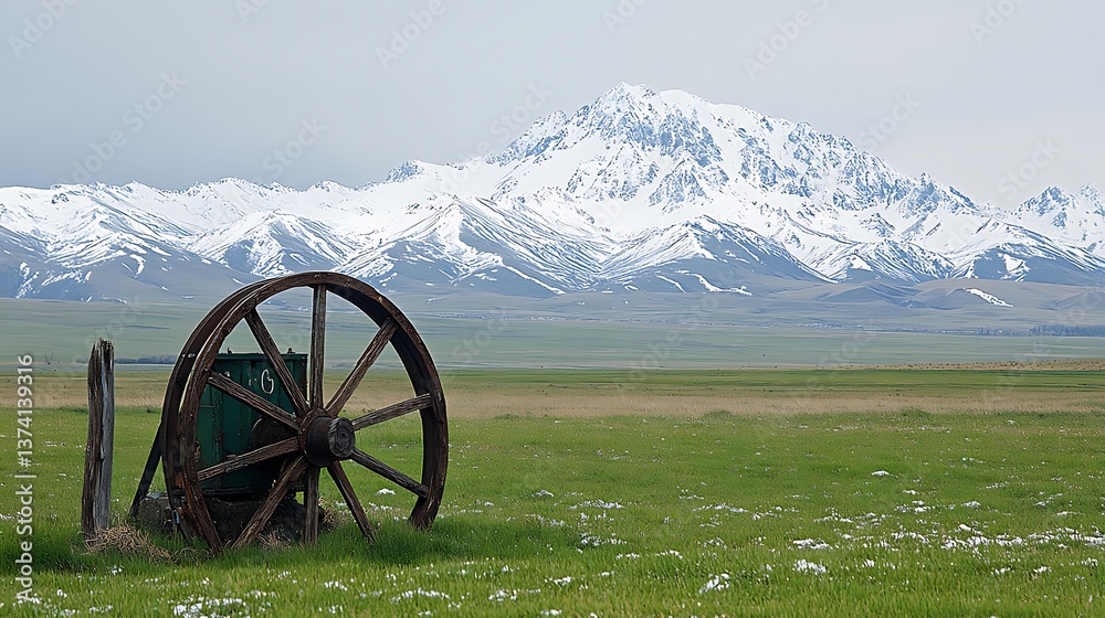 Fototapeta premium Snowy Mountains, Rusty Wheel, Open Field