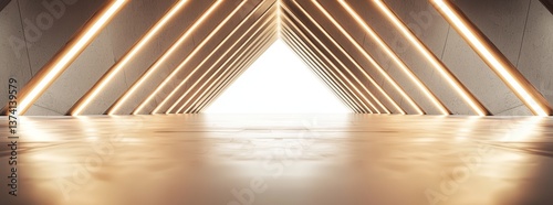 This modern interior design concept features an empty, futuristic 3D room with a tunnel-like corridor, illuminated by neon lights and set against an abstract white and silver background that embodies